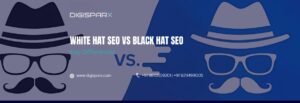Illustration comparing White Hat SEO and Black Hat SEO with hats, glasses, and mustaches, by DigiSparx