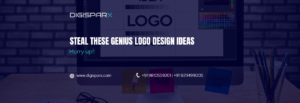 Computer screen showing logo design workspace with the text “Steal These Genius Logo Design Ideas” and Digisparx branding.